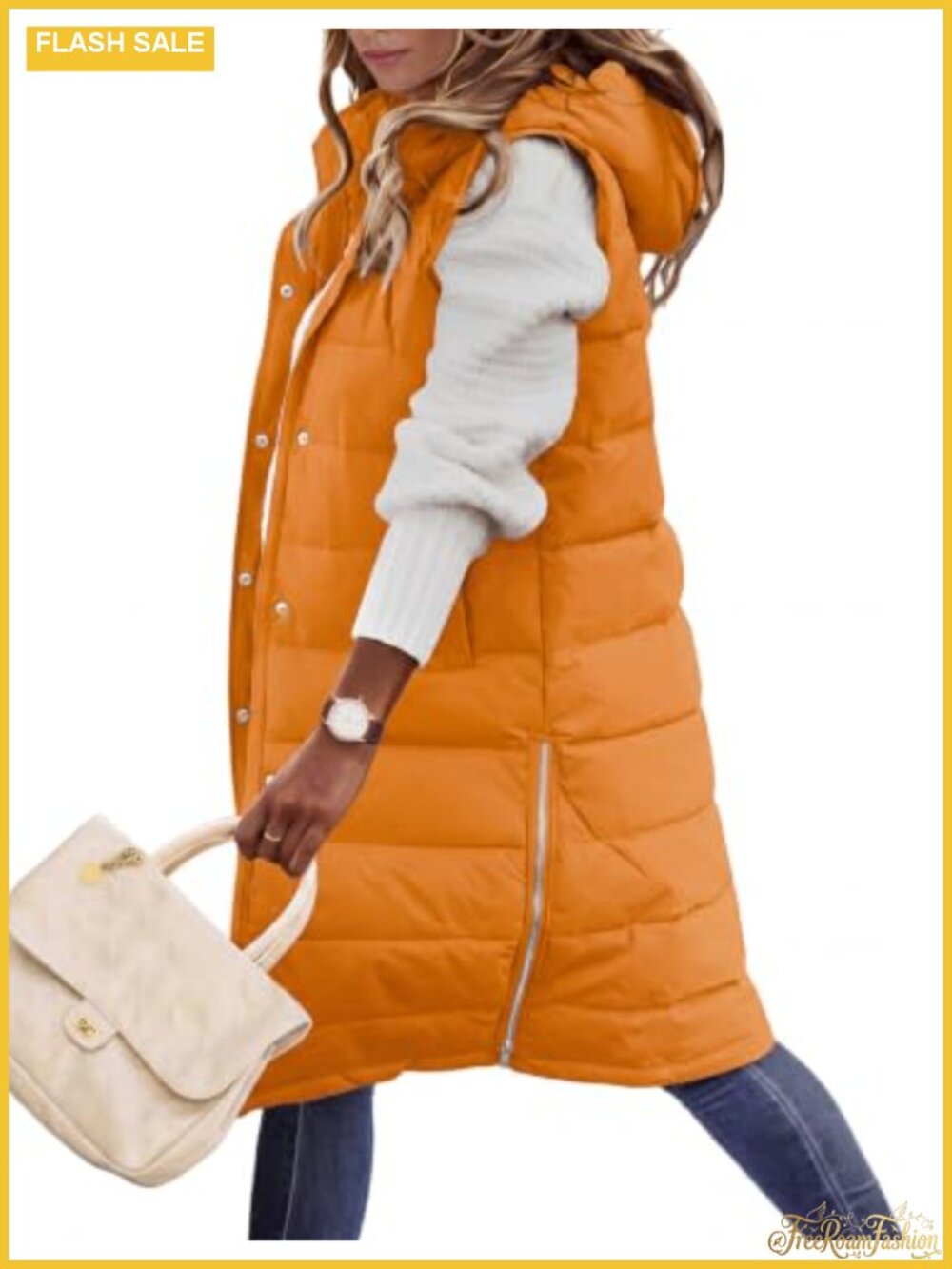 Women's Long Puffer Vest Hooded Sleeveless 100% Polyester Winter Warm Zip Up